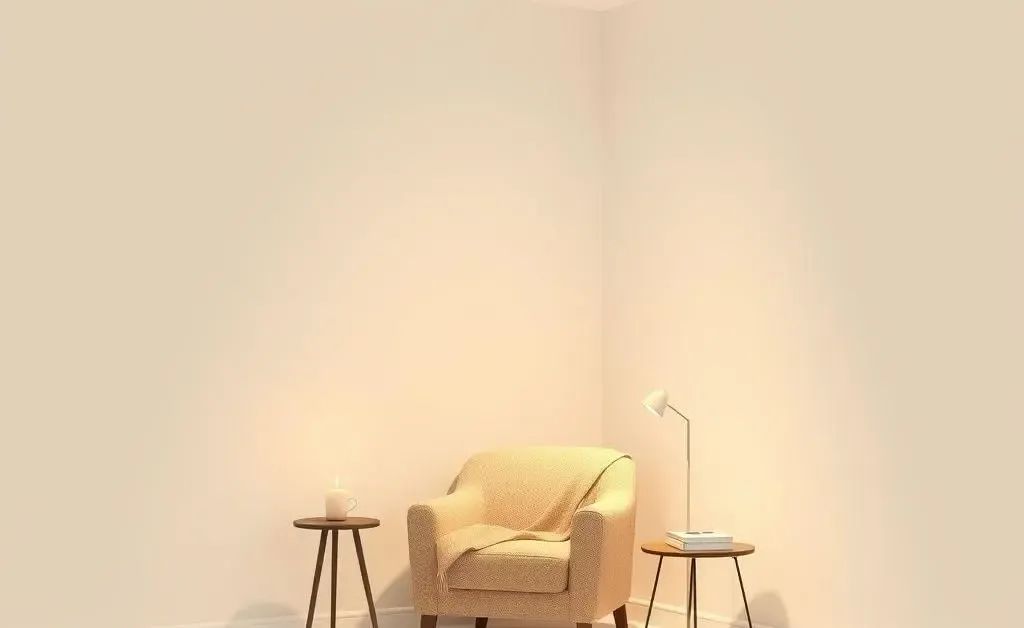 A minimalist illustration of an empty room with a cozy reading corner imagined.