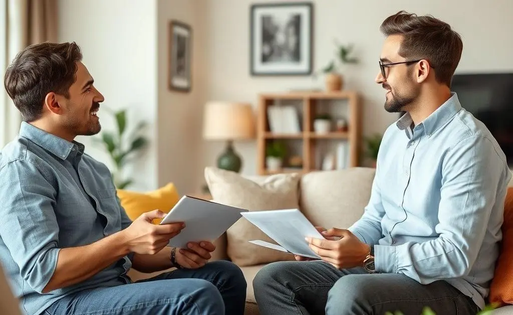 Two friends discussing investments in a comfortable living room setting