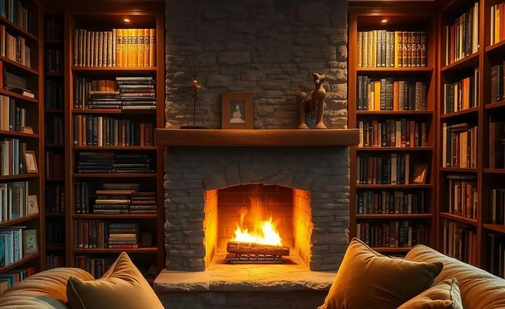 A cozy living room with a comfy sofa, a warm fireplace, and bookshelves