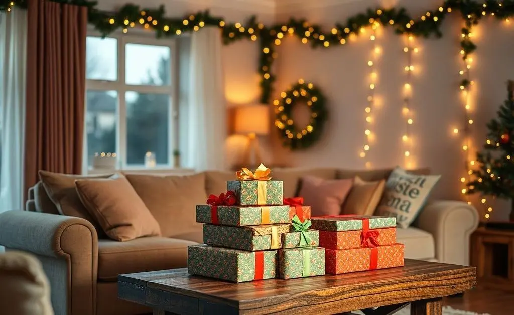 A cozy living room with a stack of wrapped gifts on the table.