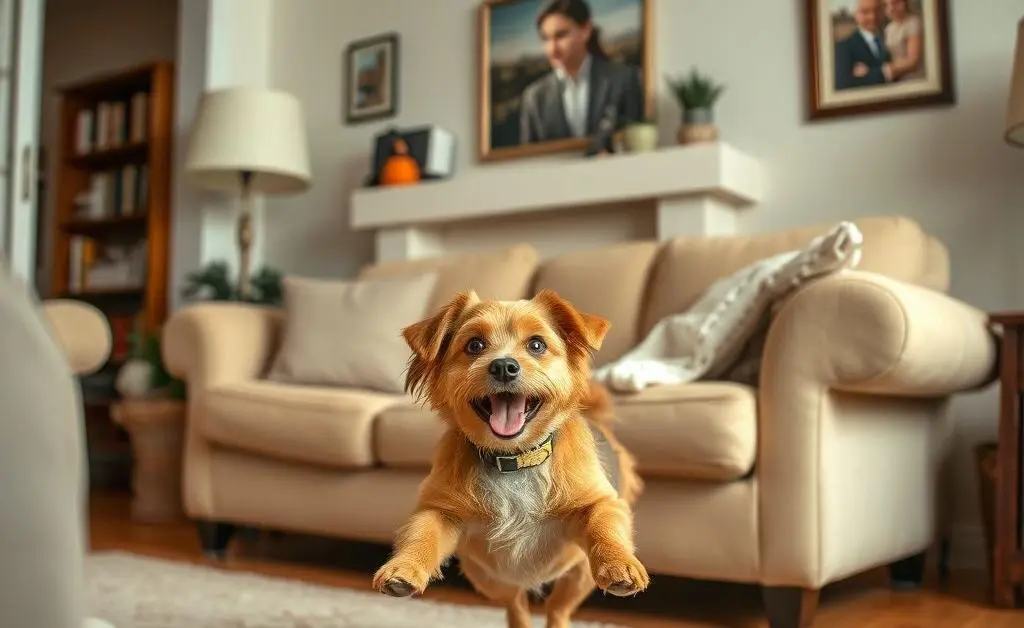 A cozy living room scene with a pet causing playful chaos.