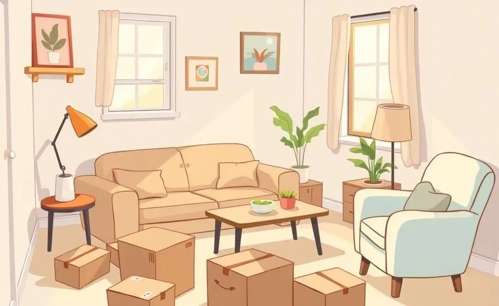 Cartoon-style image of a small living room with some unpacked boxes and furniture