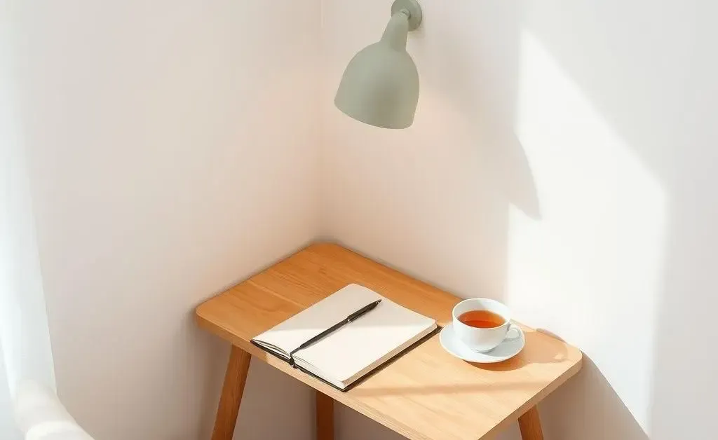 A cozy minimalist corner with a small desk, a notebook, and a cup of tea