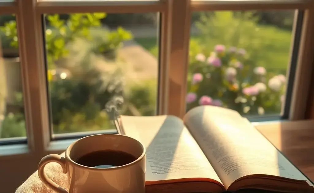 A cozy morning routine with a mug of coffee and an open book.