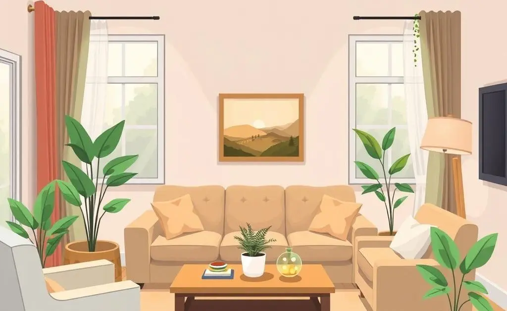 Cartoon-style image of a cozy living room setup in a new house with plants and furniture.