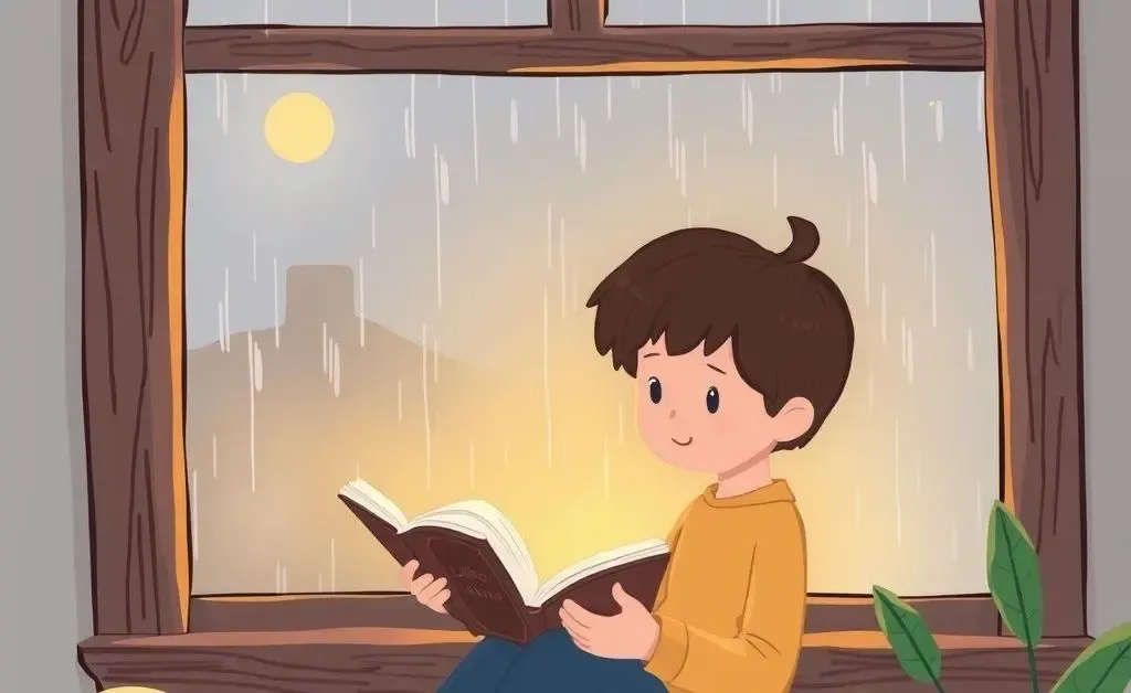 Someone reading a book by the window on a rainy day