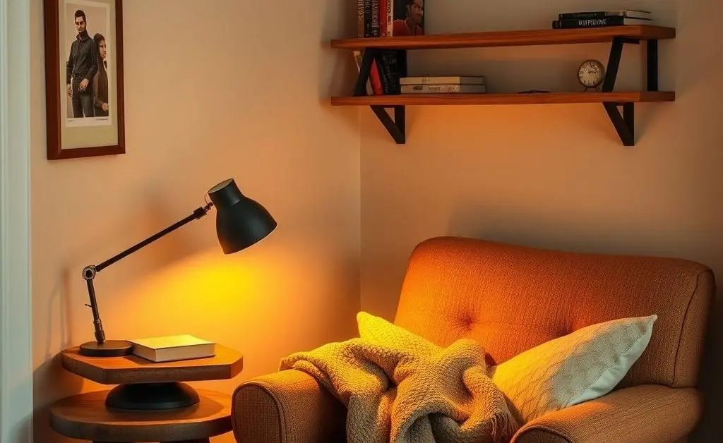 Cozy reading nook with chair, lighting, and books