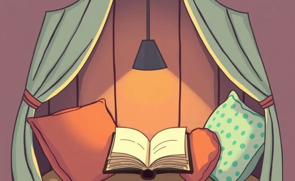 A cozy reading nook filled with cushions, a book, and a warm glow