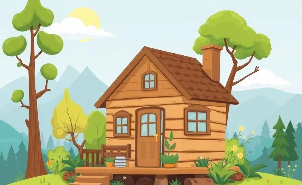 A cartoon-style landscape image showcasing a cozy tiny home surrounded by nature, symbolizing eco-friendly living