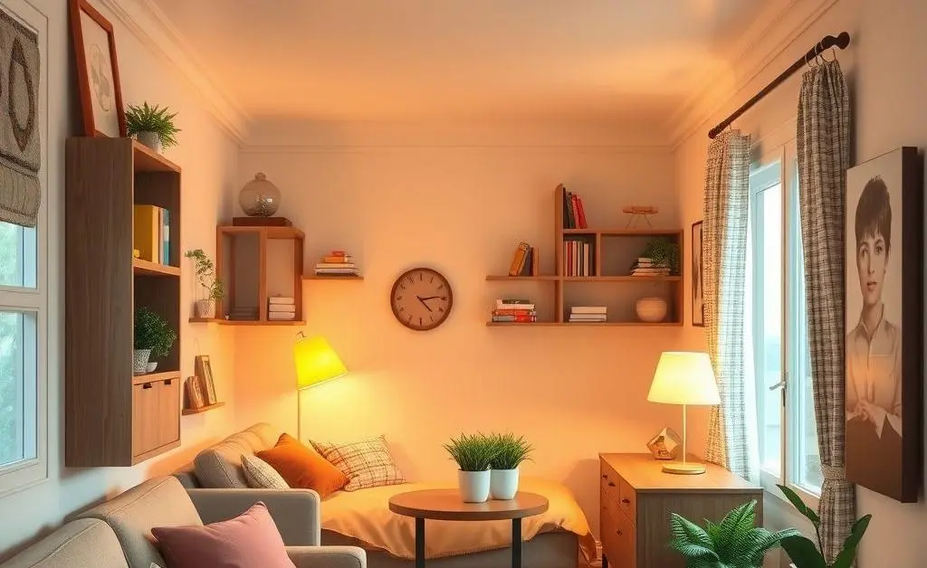 An inviting depiction of a small, well-organized home with warm lighting and comfortable furnishings.