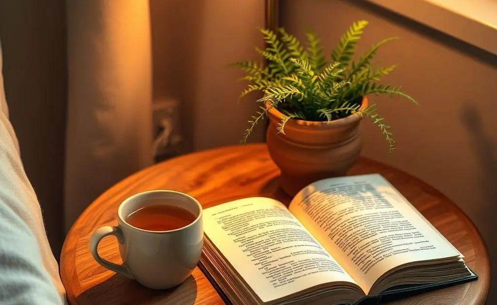 A small table set with a cup of tea, an open book, and a potted plant.