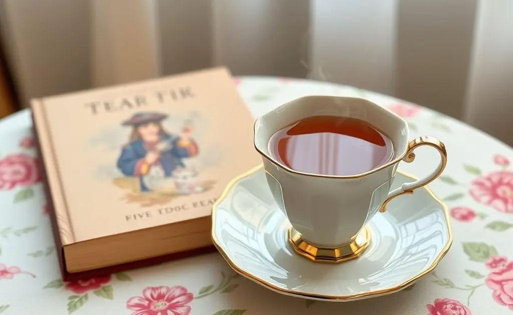 A cozy tea table setting with a floral tablecloth, a book, and a steaming teacup.