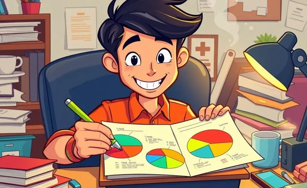 A cartoon-style image of someone at a desk drawing up a budget plan with colorful pie charts.