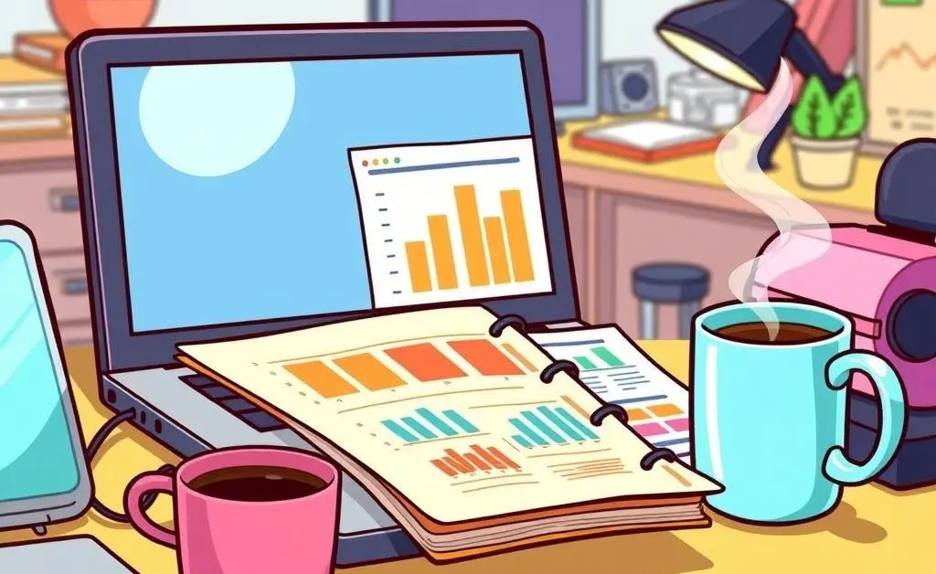 A cartoon desk with a laptop, financial planner, and coffee mug, symbolizing budgeting.