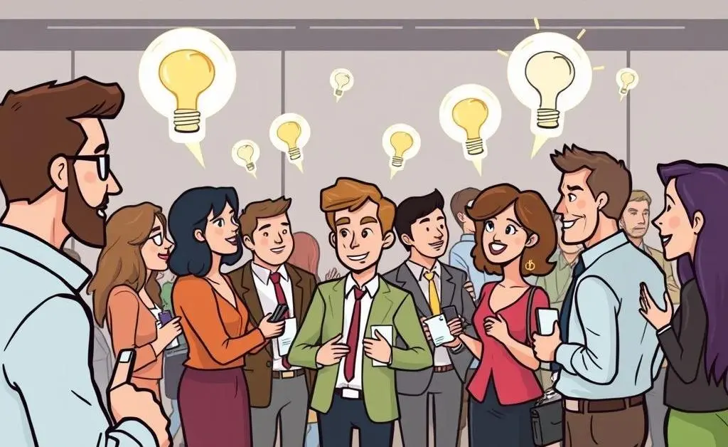Cartoon-style depiction of a professional networking event with people exchanging ideas.