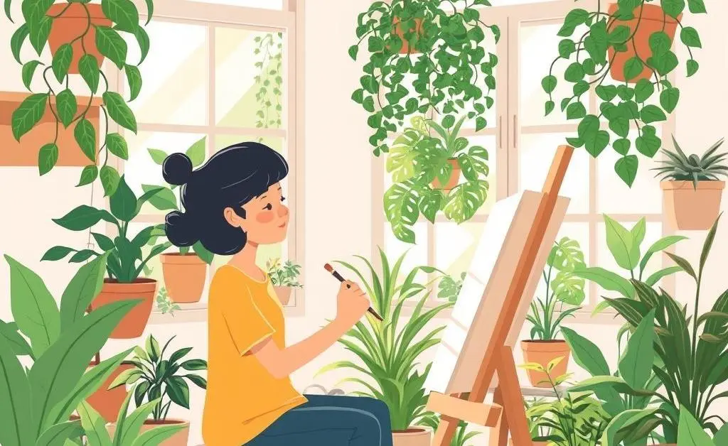 A person sketching or painting in a sunny room full of house plants