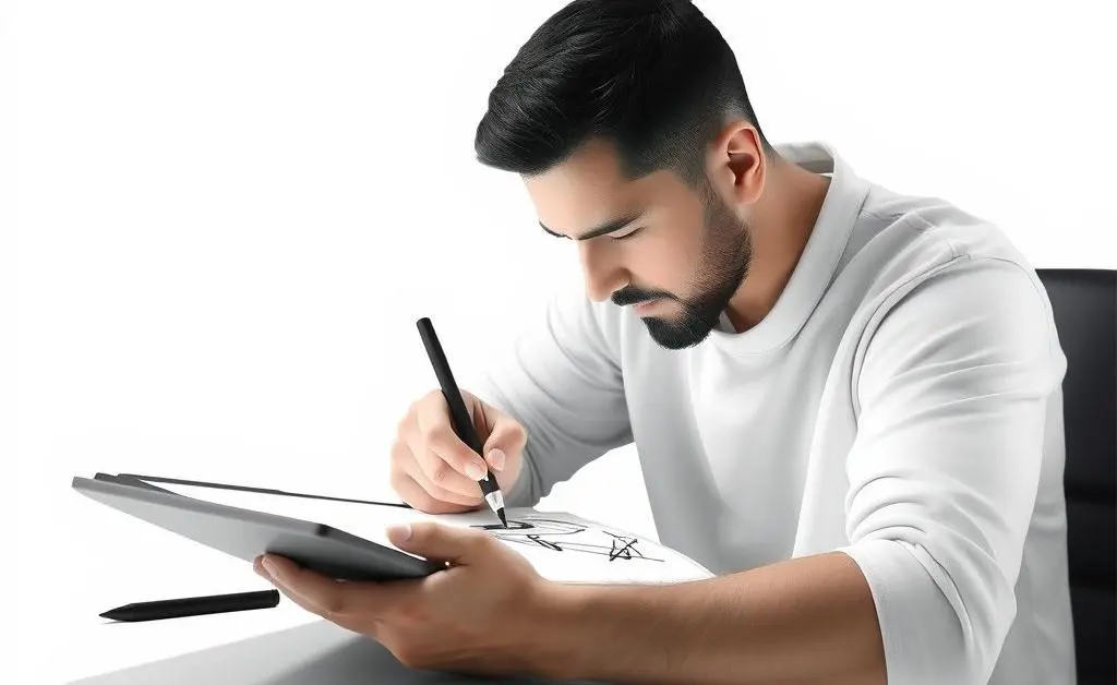 A minimalist, digital art designer at work, sketching on a tablet.