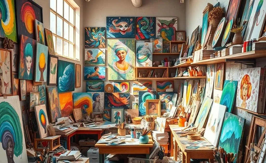 An art studio with vibrant paintings and crafting supplies, suggesting exploration of new skills.