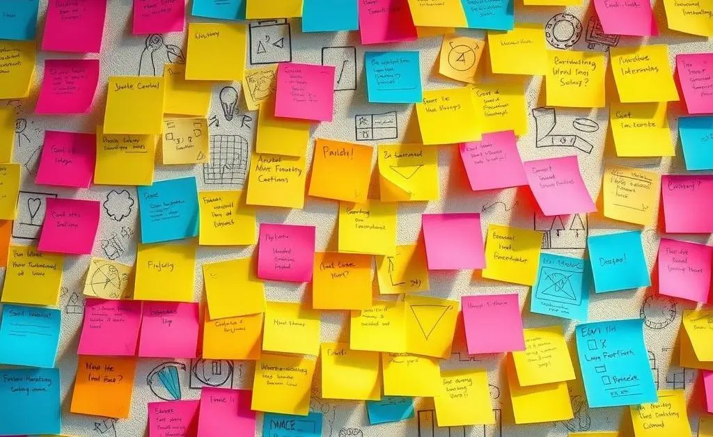 A wall covered in sticky notes and doodles, symbolizing a brainstorm session in progress.