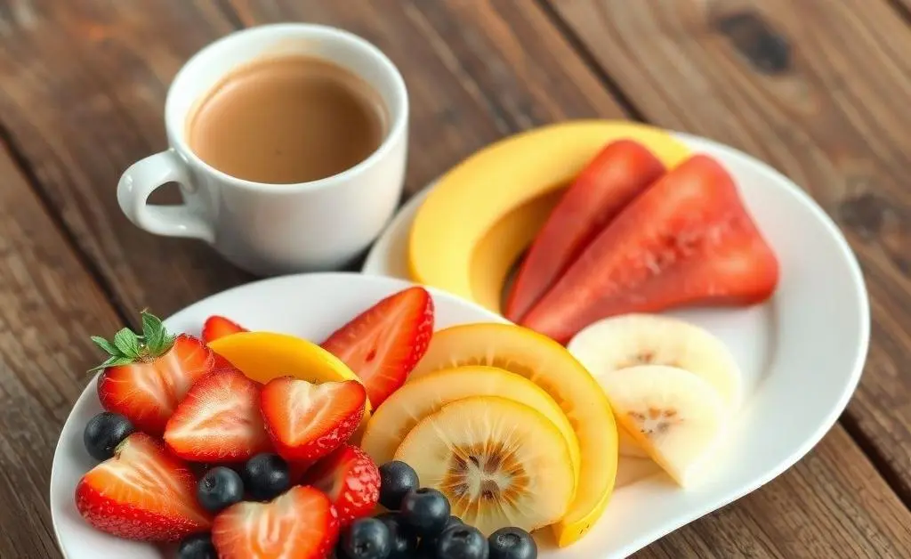 A beautifully arranged healthy breakfast with fresh fruits and a cup of coffee on a rustic table.