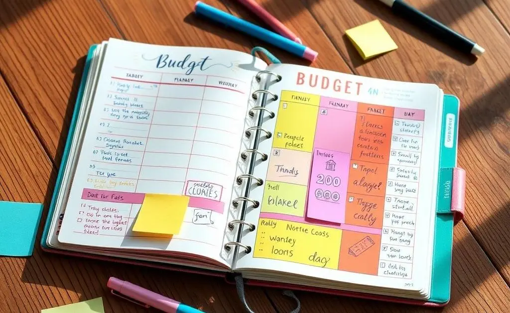 A creative budget planner with colorful sections and notes on a wooden table.