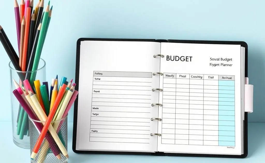 A creative desk setup with colorful pens and a unique budget planner, illustrating productive financial planning.
