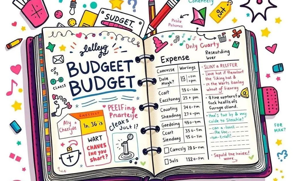 Creative budget planner notebook with doodles