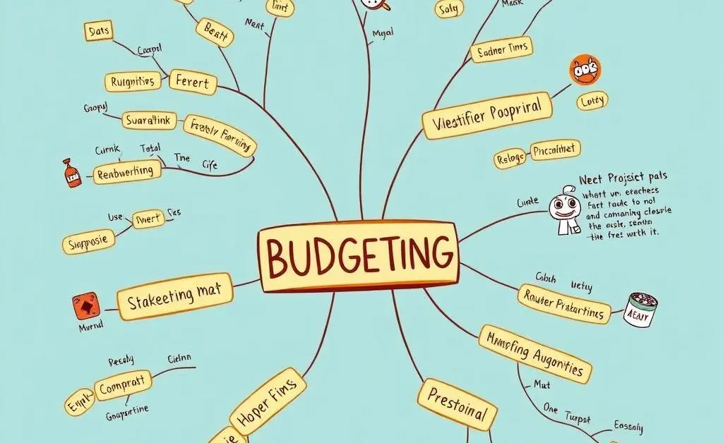 Cartoon-style mindmap with creative budgeting ideas and strategies.
