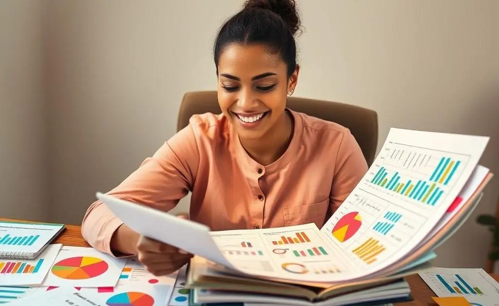 Person sitting at a desk happily planning a budget, with colorful charts and notes scattered around.