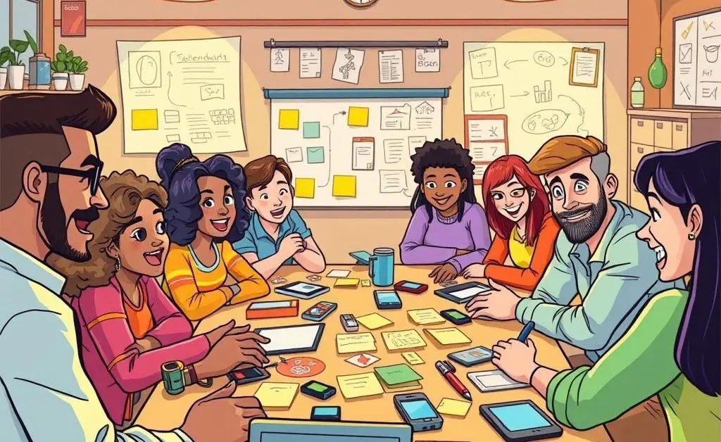 Cartoon-style community brainstorming session