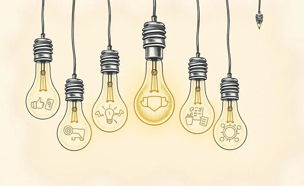Cartoon image of light bulbs depicting creative content ideas on a piece of paper.