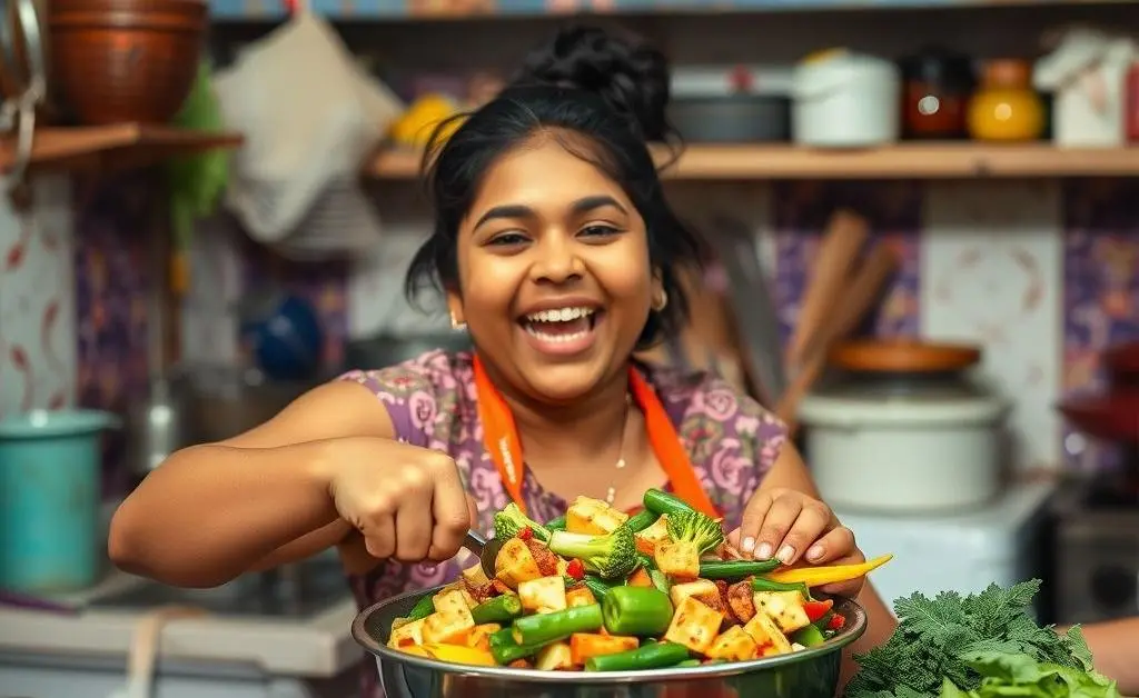 A colorful kitchen scene with someone joyfully cooking with vegetables and spices.
