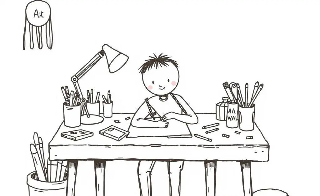A person crafting at a desk with various art supplies