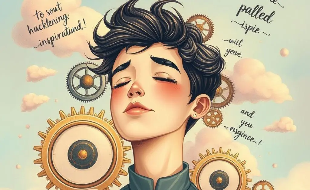 A whimsical representation of someone daydreaming with gears, clouds, and inspiring quotes