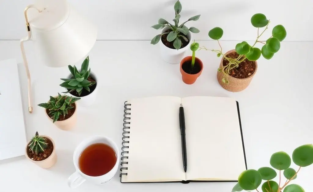 A minimalist desk with creative flair - plants, a sketchbook, and a cup of tea.