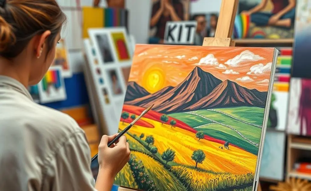 A person painting a vibrant landscape in an art studio filled with colors
