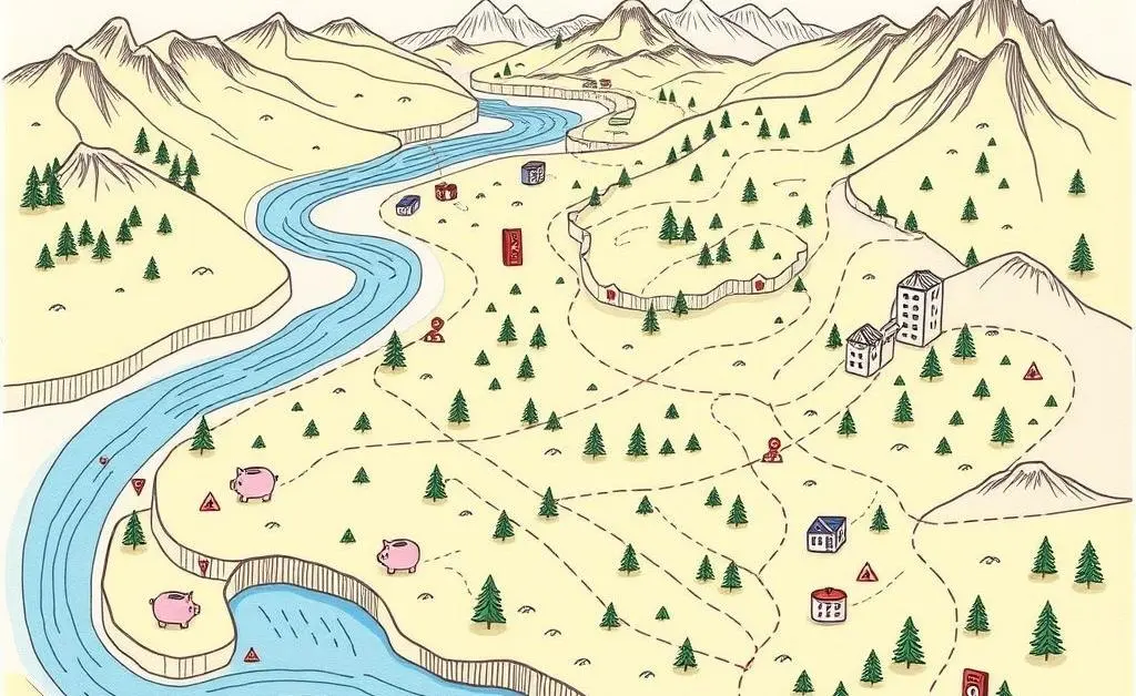 A whimsical map illustrating a journey through financial decisions.