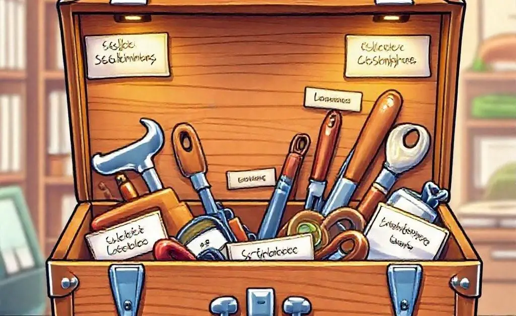 Illustration of a toolbox with labels like 'Seller Financing', 'Lease Options', and 'Partnerships'.