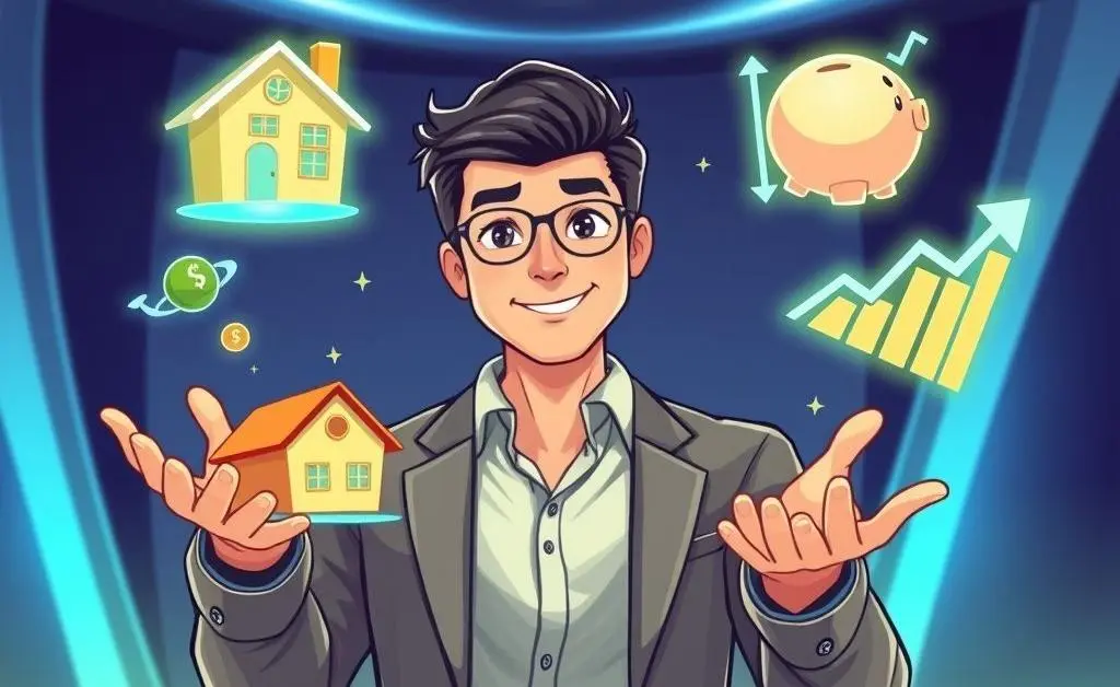 Illustration of a person juggling different types of finance symbols