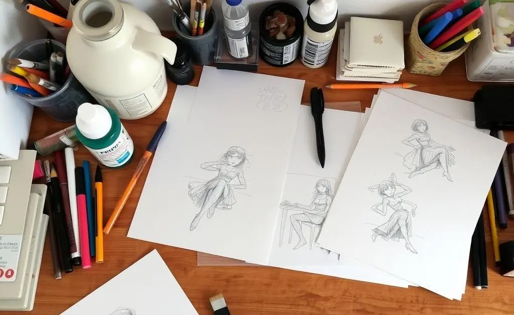 A desk with art supplies and unfinished sketches.