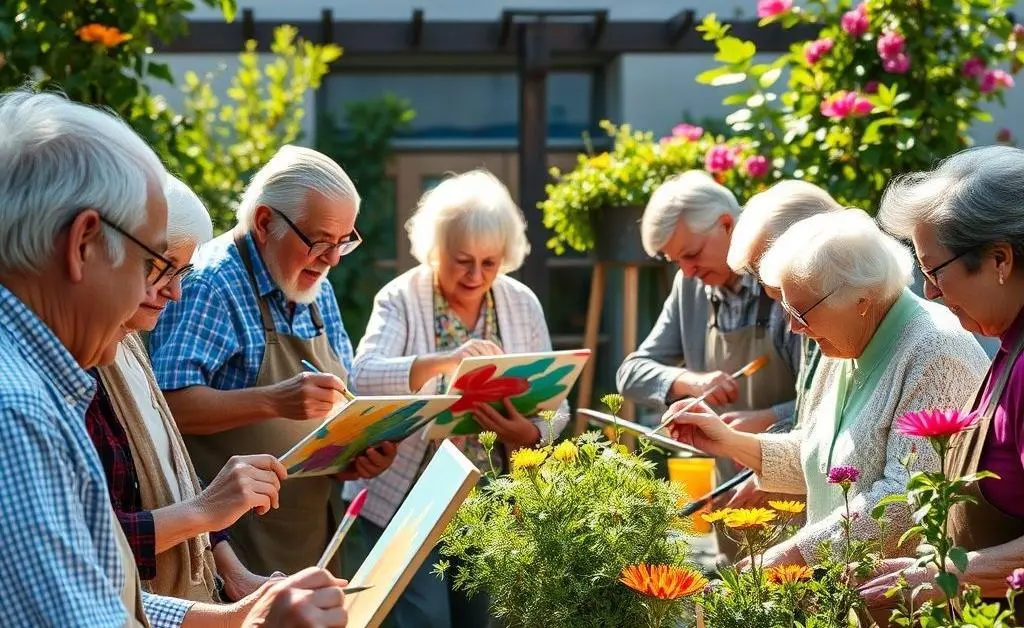 A group of seniors engaging in a variety of creative hobbies like painting and gardening