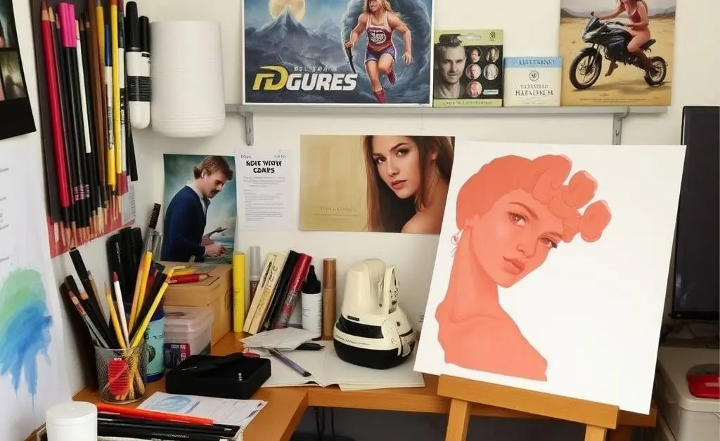 A small creative workspace with art supplies and partially completed artwork, showing a creative hobby in progress.