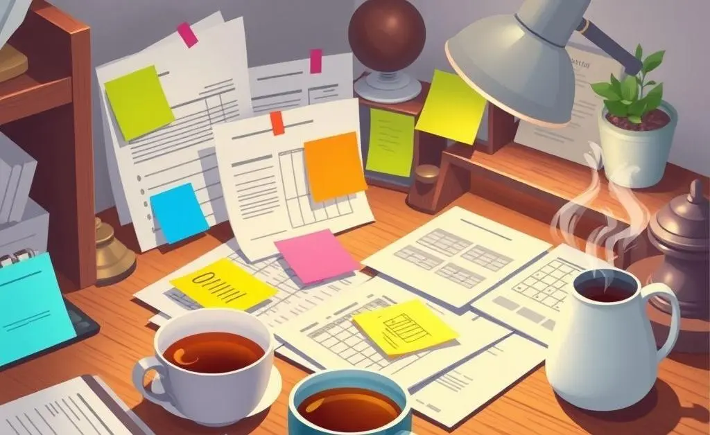 An illustration of a cozy home desk with budgeting materials, colorful sticky notes, and a cup of tea.