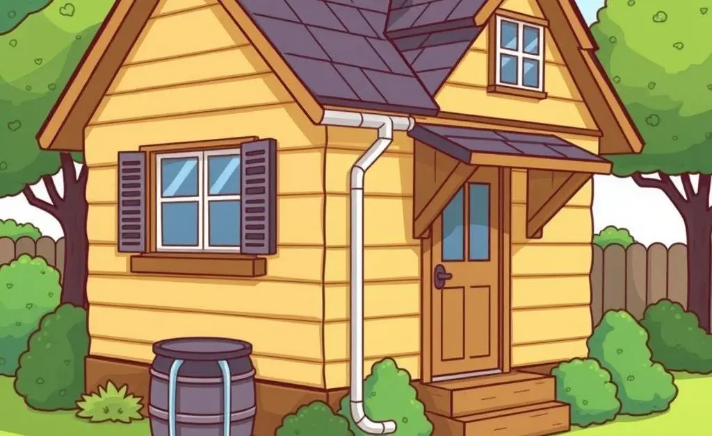 A cartoon house with clever drainage solutions, like gutters directing water into a rain barrel.