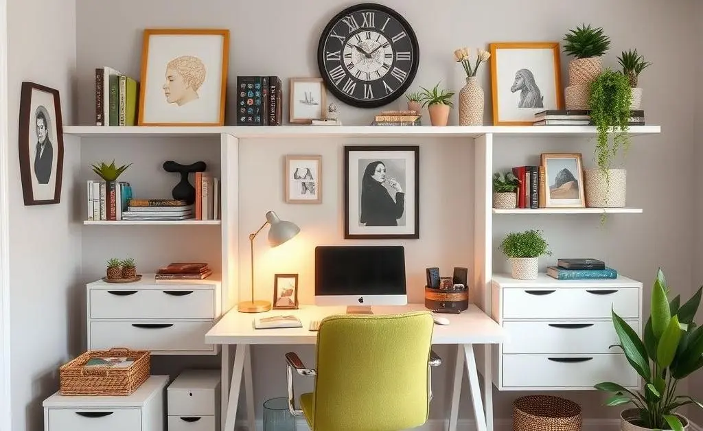 An organized home office with unique decor reflecting personal style.