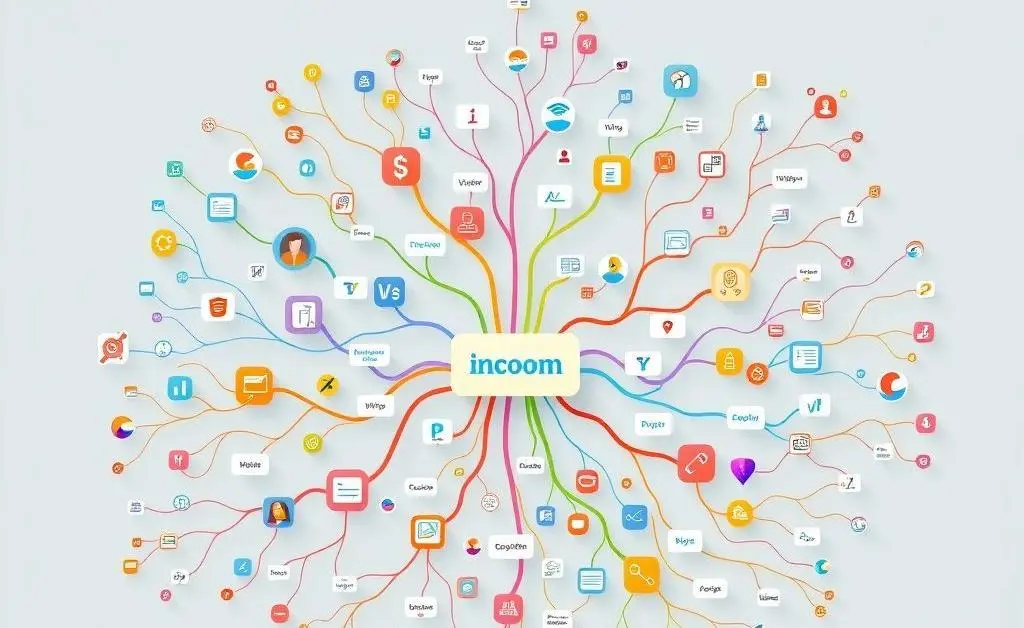 A mind map illustrating various creative income sources, like freelancing and consulting.