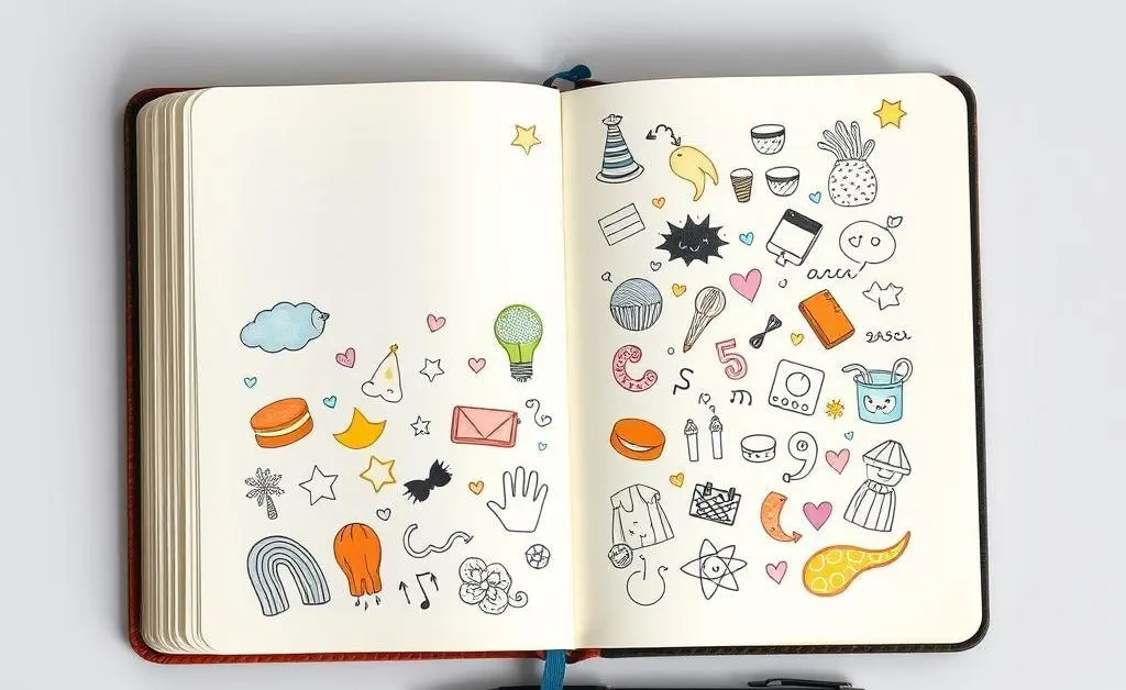 An open journal with colorful doodles and a pen beside it.