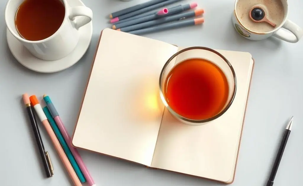A tidy desk with a journal, colorful pens, and a cup of tea