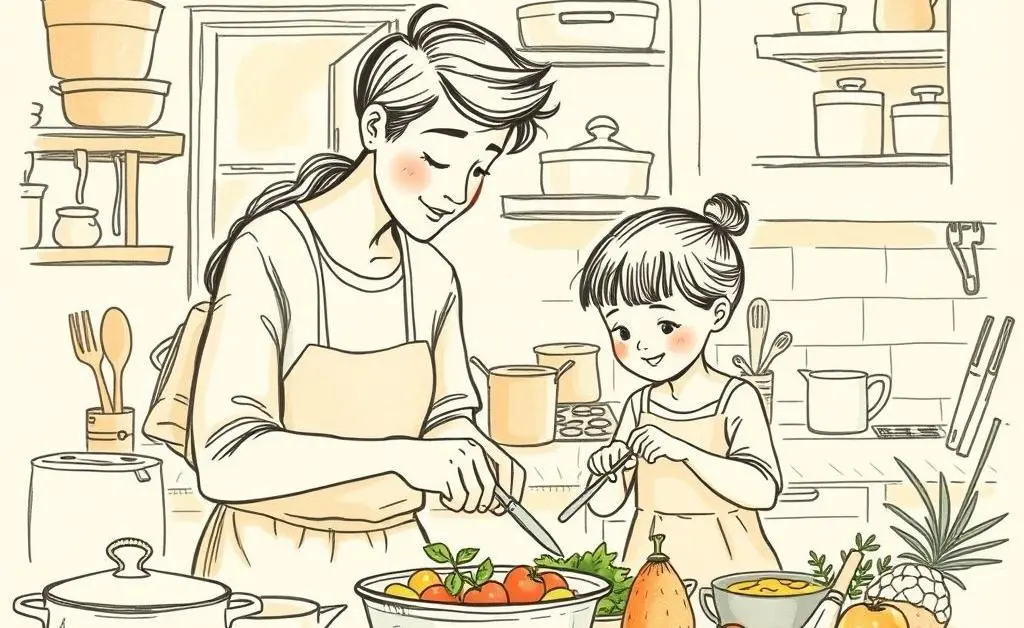 Parent and child preparing meals together