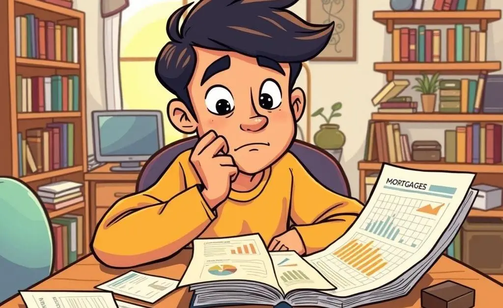 A cartoon image of a person thoughtfully planning with mortgage documents scattered around a table.